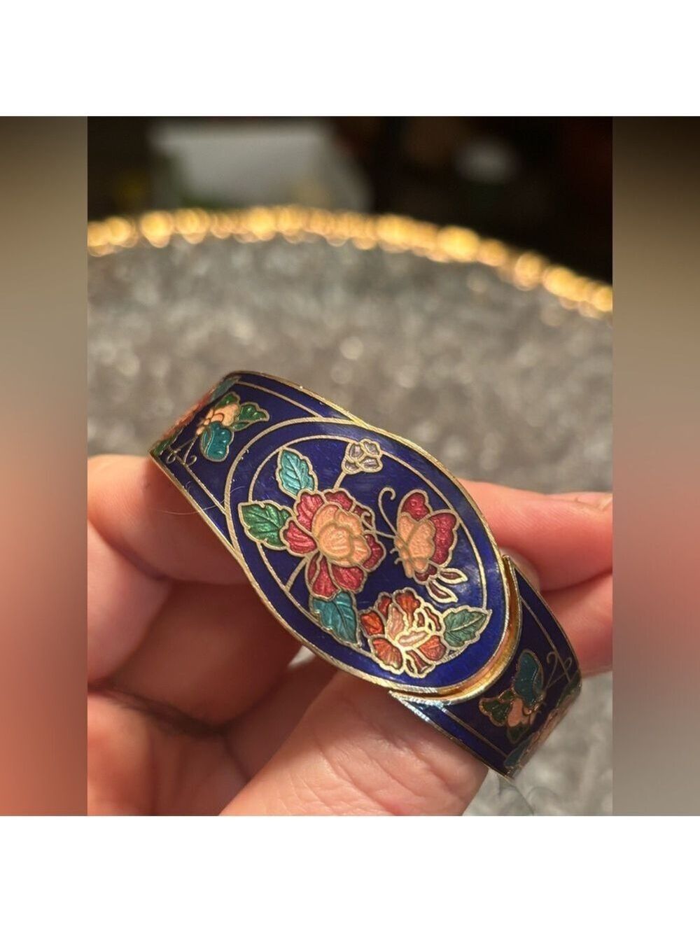 RARE Vintage Cloisonné Enamel Floral & 🦋 Cuff Bracelet • Hand-Inlaid Artistry